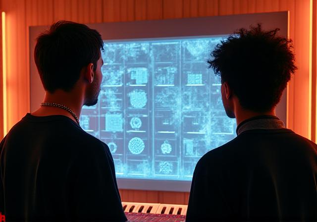 Creative professionals collaborating in a high-tech music studio with AI monitors